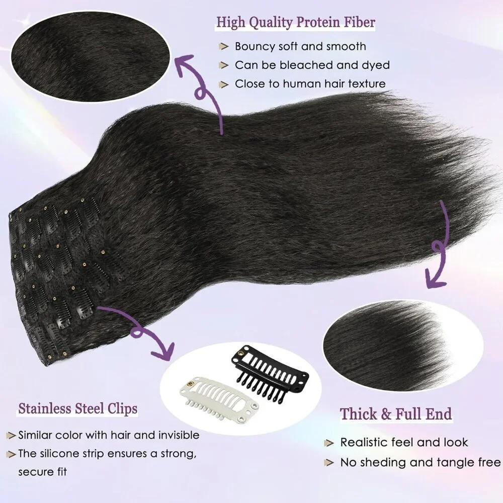 Kinky Straight Clip-In Hair Extensions Protein Fiber 20 Inch Black Women